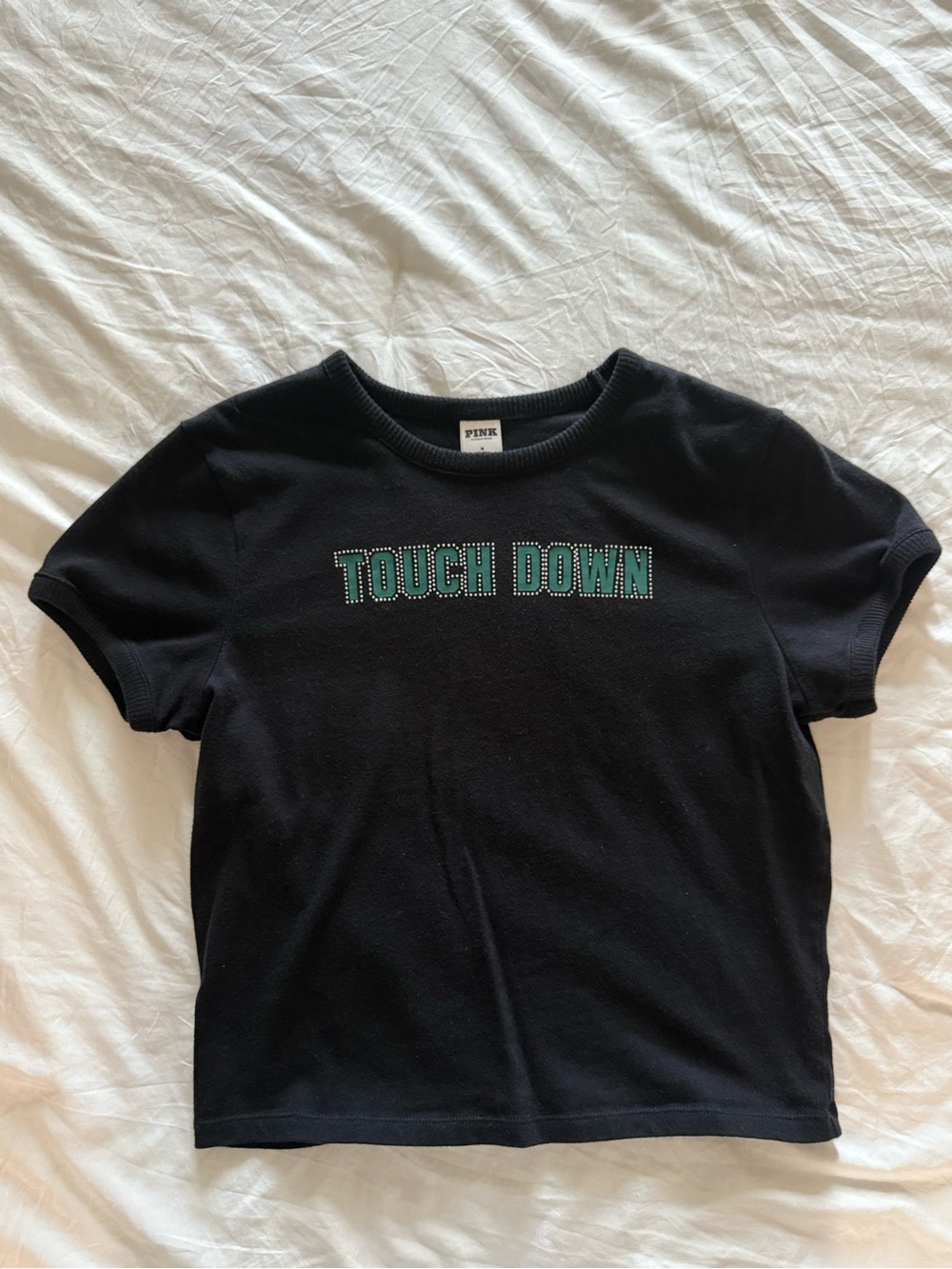 PINK Victoria's Secret Black Short Sleeve Tee with Green 'TOUCH DOWN' Graphic